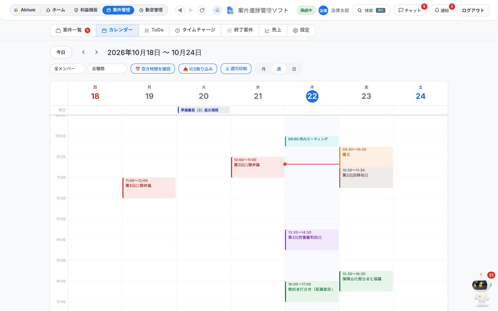 週表示カレンダーの操作画面
