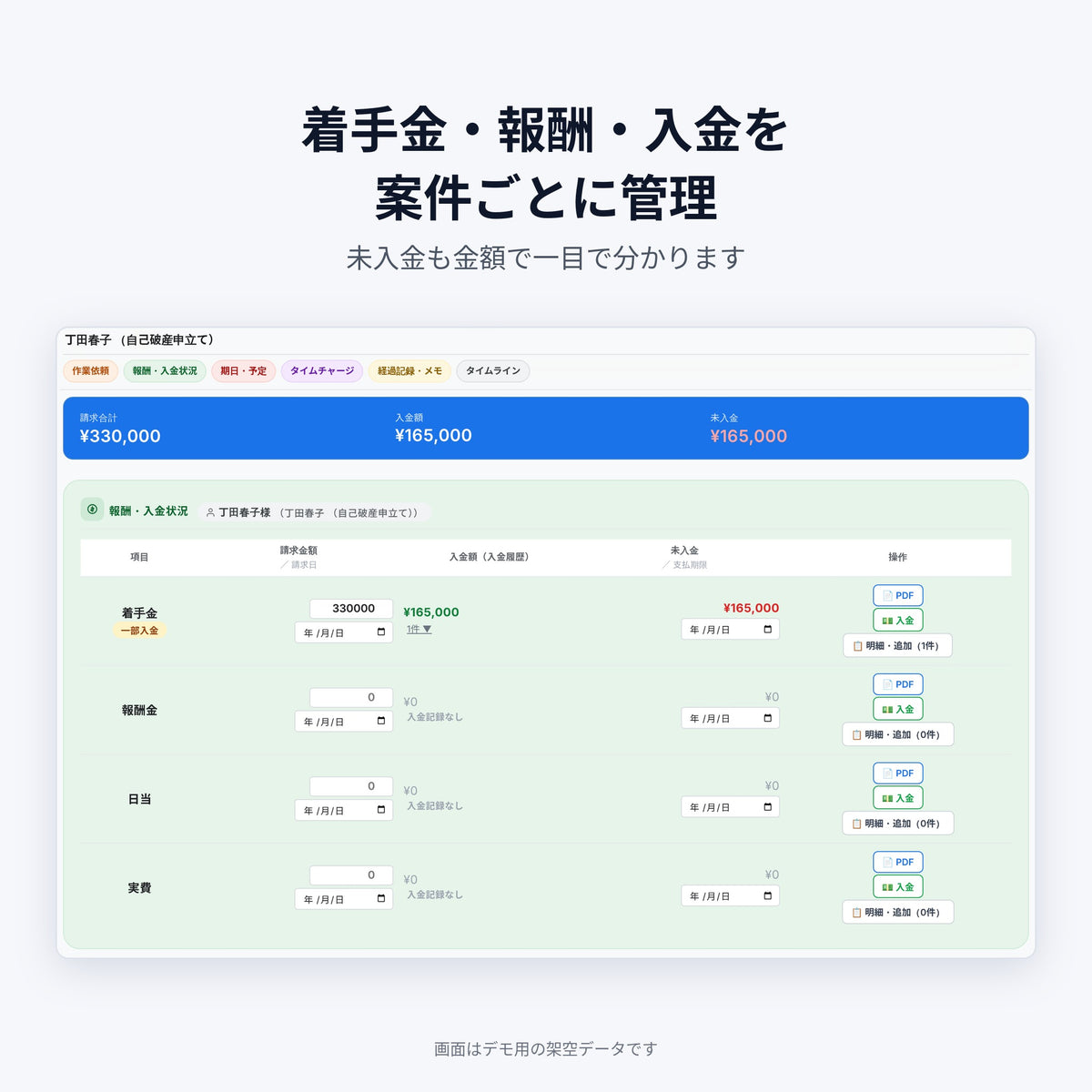 着手金・報酬・入金を案件ごとに管理