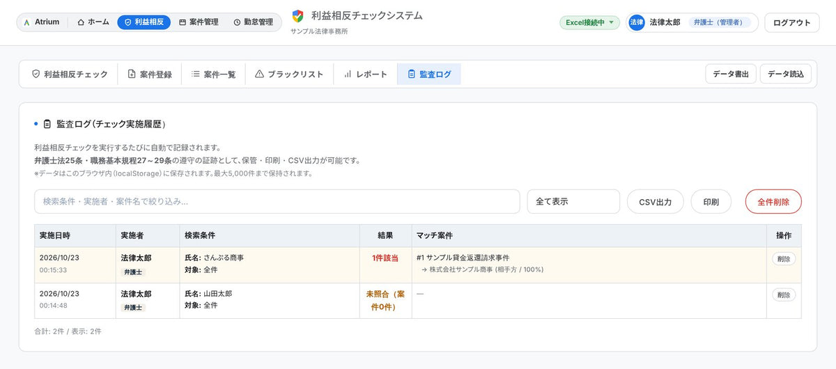 監査ログの画面